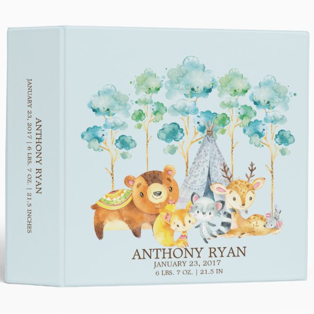 Classeur Cute Boys Tribal Woodland Animaux Baby Photo Album (Devant/Côté)