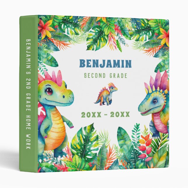 Classeur Cute Dinosaures Nom Personnalisé Tropical Kids Sch (Devant/Côté)