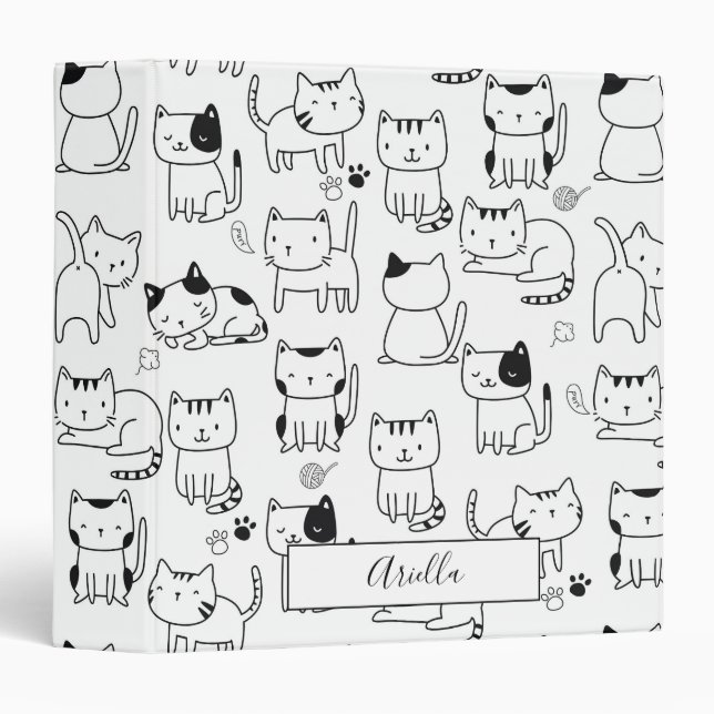 Classeur Cute Doodle Chats Motif Nom personnalisé (Devant/Côté)