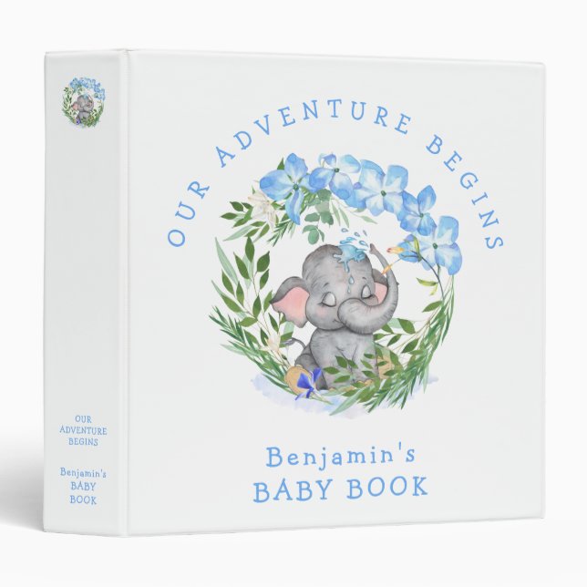 Classeur Cute Elephant Florals Blue Boy Baby Book (Devant/Côté)