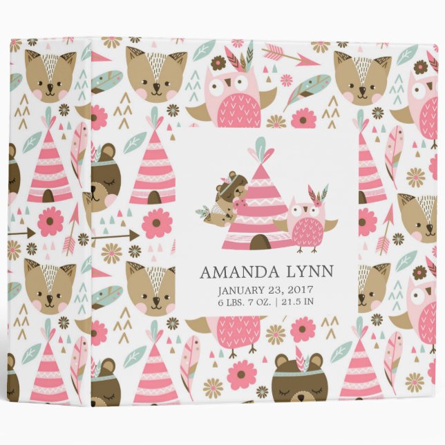 Classeur Cute Girl Tribal Woodland Animaux Baby Photo Album (Devant/Côté)