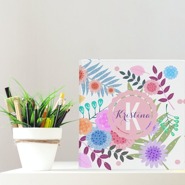 Classeur Cute Girly Pastel Nom Floral Monogramme (Créateur téléchargé)