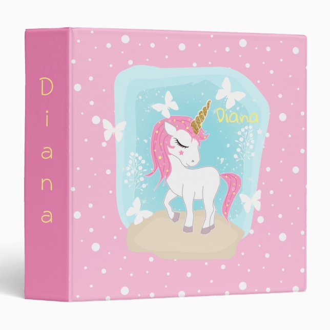 Classeur Cute licorne aux papillons. (Devant/Côté)