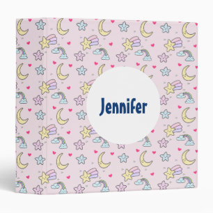 Classeur Cute Moon, Etoiles et Nuages Motif sur Pastel Pink