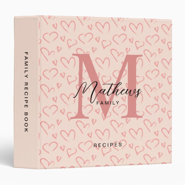 Classeur Cute Pink Heart Script Monogram Cuisine Recette (Devant/Côté)