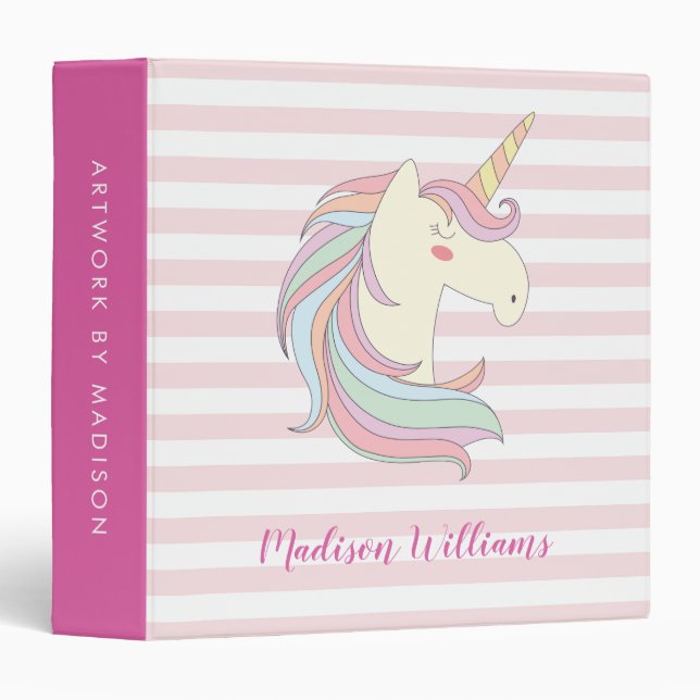 Classeur Cute Unicorn rose rayures Magique Cheval Poney Gir (Devant/Côté)