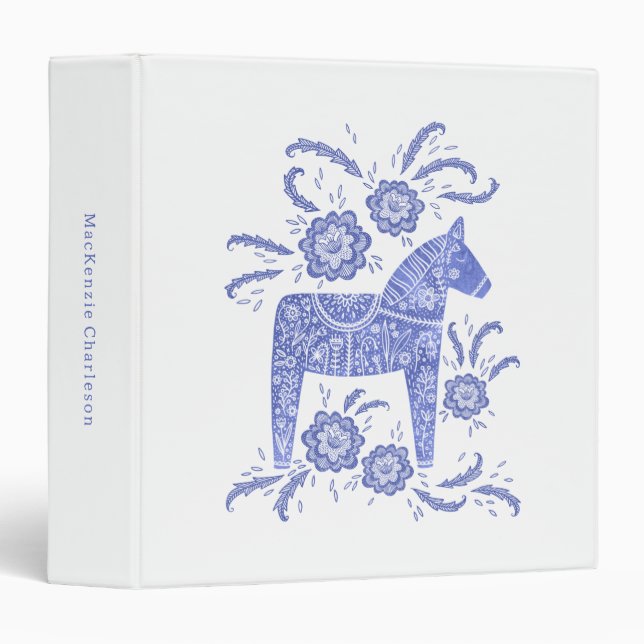 Classeur Dala suédois Cheval traditionnel Folk Art Bleu Bla (Devant/Côté)