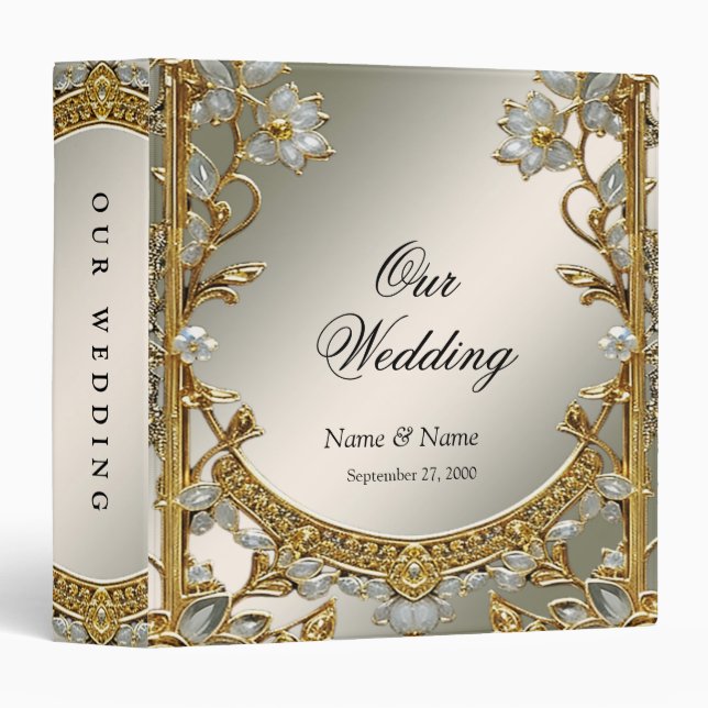 Classeur d'album floral blanc orné d'or (Devant/Côté)