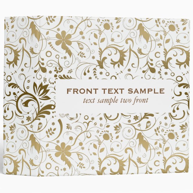 Classeur Damas Floral Blanc Et Or Monographié (Devant/Côté)