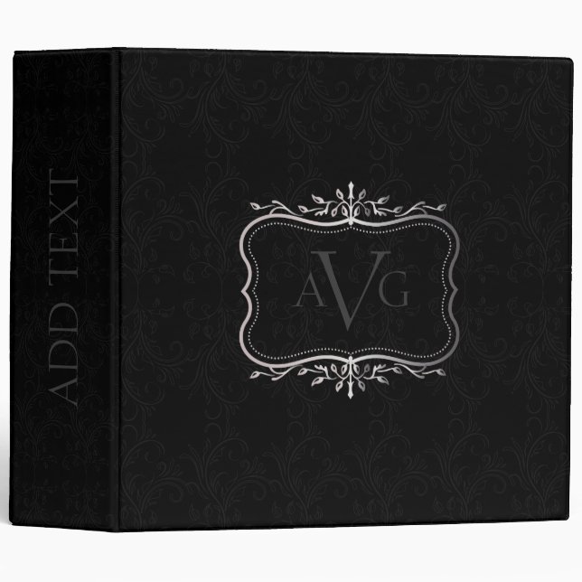 Classeur Damas noir avec cadre vintage en argent (Devant/Côté)