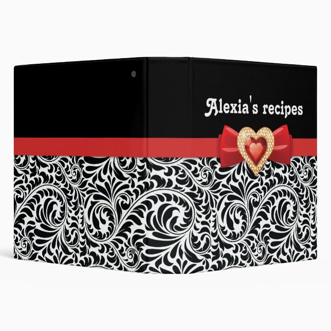 Classeur Damas noir glamour avec arc rouge & bijou (Arrière-plan)