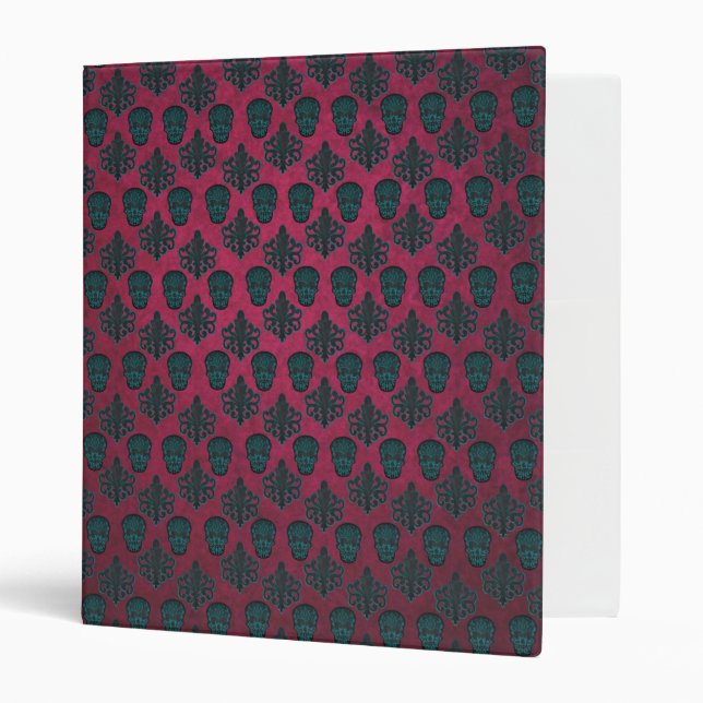 Classeur Damas turquoises Et Crânes Sur Texturé Hot Rose (Devant/intérieur)