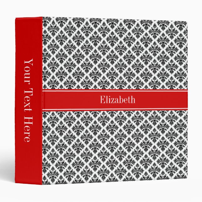 Classeur Damask noir Blanc #3 Red Name Monogram (Devant/Côté)