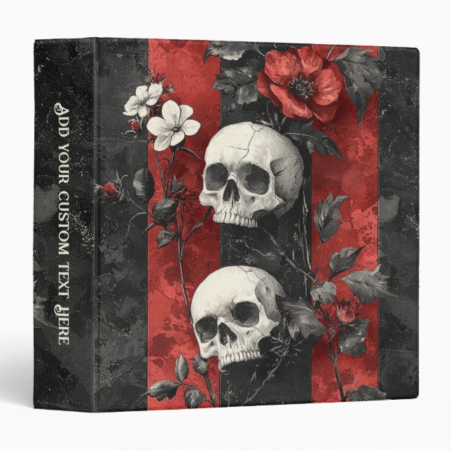 Classeur Dark Gothic Floral Skulls Red & Black Stripe (Devant/Côté)