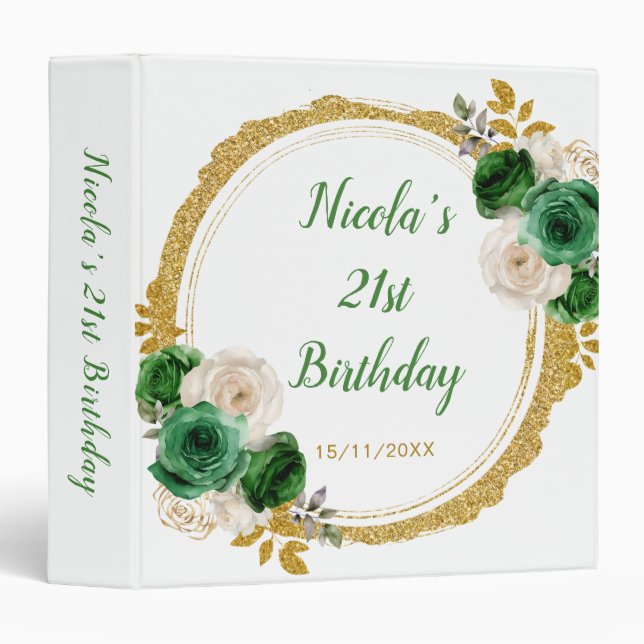 Classeur Dark Green and Gold Elegant Flowers Birthday Photo (Devant/Côté)