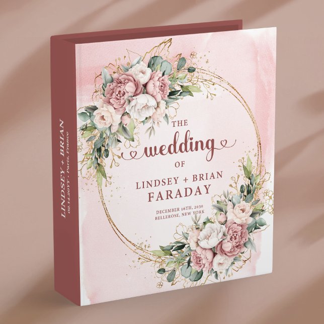 Classeur de mariage rustique en fleurs vertes rose (Rustic Blush Pink Greenery Wedding Ring Binder)