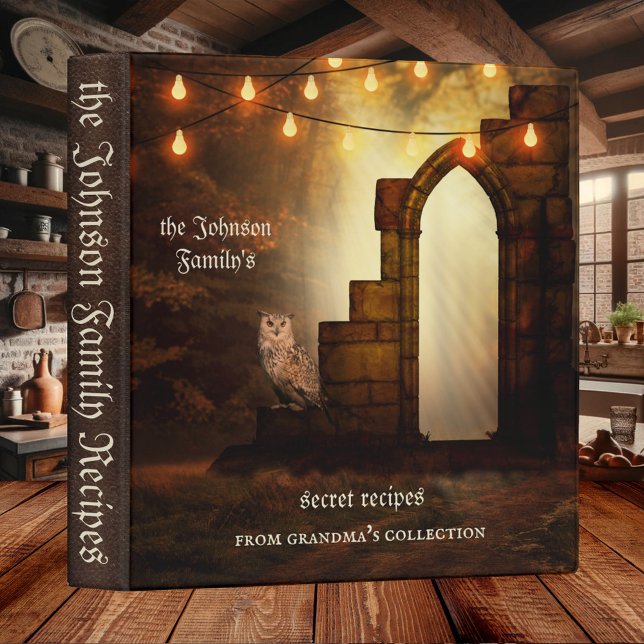 Classeur de recette de la famille secrète de l'Ima (Recipe binder featuring a magical enchanted forest with a secret gateway guarded by a wise owl)