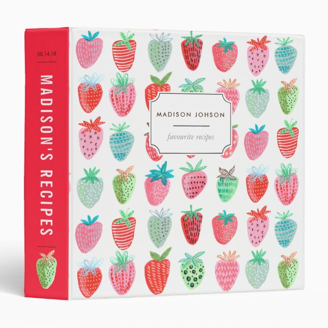 Classeur de recette motif de fraises rouges modern (Devant/Côté)