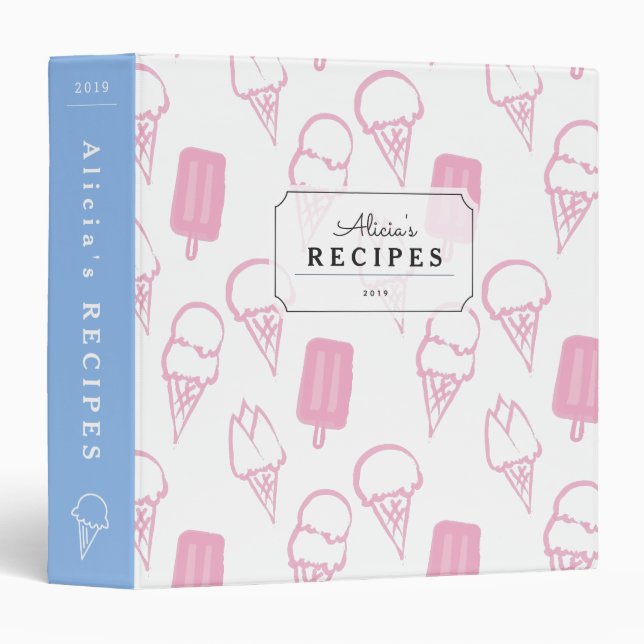 Classeur de recette rose Motif crème glacée peinte (Devant/Côté)