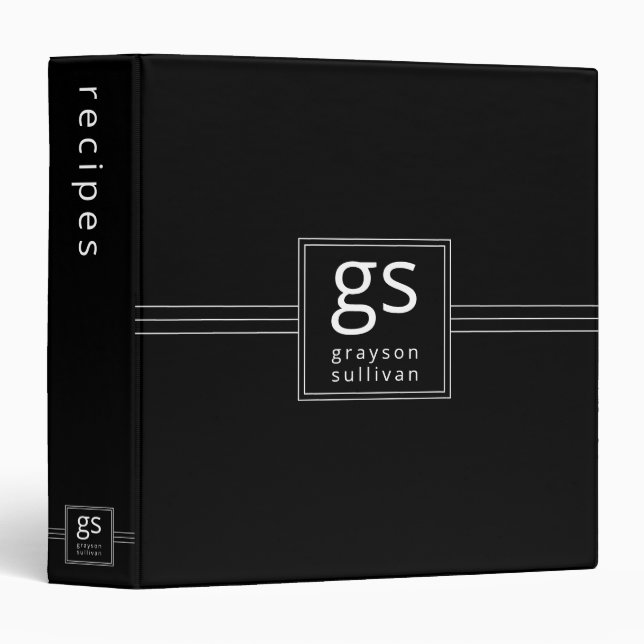Classeur de recettes à monogramme simple noir et b (Devant/Côté)