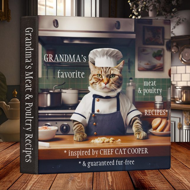 Classeur de recettes de grand-mère de chat drôle (Recipe binder featuring a cute design with a funny chef cat. On the back is brown faux-leather)