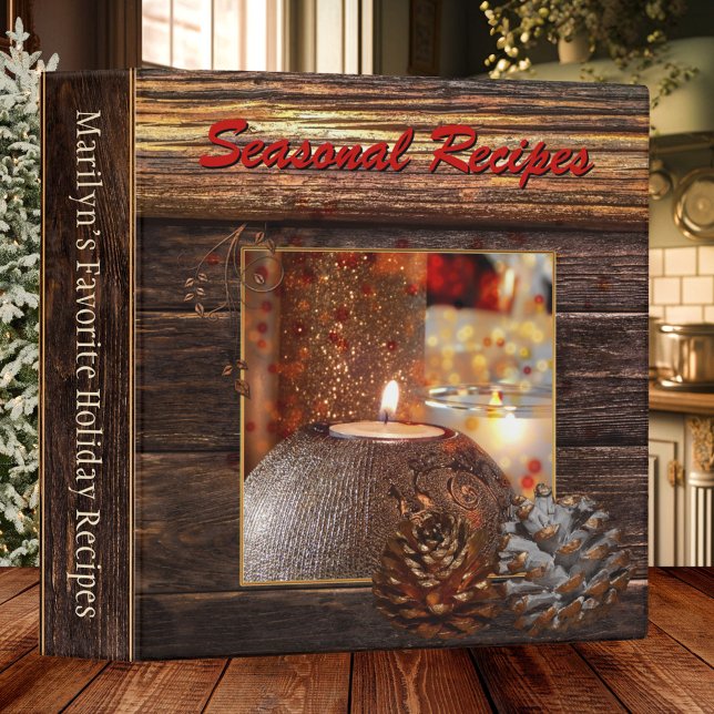 Classeur de recettes de vacances en bois foncé et  (Recipe binder with a dark wood design with an image of sparkling candles and pine cones)