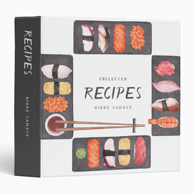 Classeur de recettes personnalisable Sushi élégant (Devant/Côté)