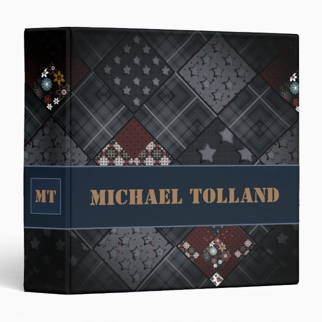 Classeur Dénim patchwork, patchwork, textile, motif bleu (Devant/Côté)