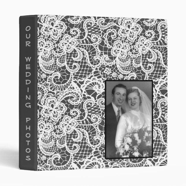 Classeur Dentelle mariage en gris avec photo (Devant/Côté)