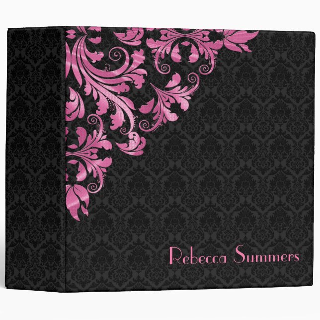 Classeur Dentelle rose métallique Motif Damas noir (Devant/Côté)