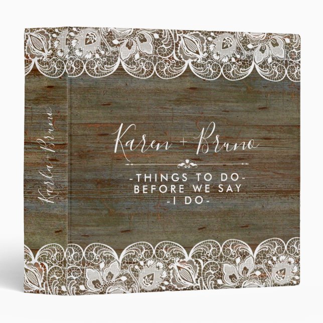 Classeur Dentelle Rustique Faux bois et blanc Mariage (Devant/Côté)