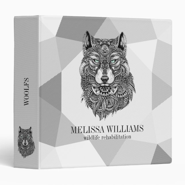 Classeur Design géométrique gris et tête de loup noir (Devant/Côté)