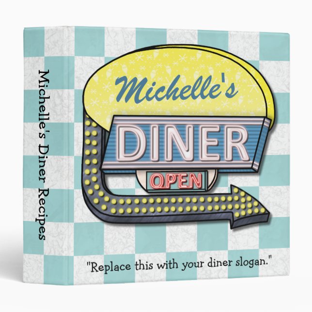 Classeur Diner Retro les années 50 Turquoise Sign Nom perso (Devant/Côté)
