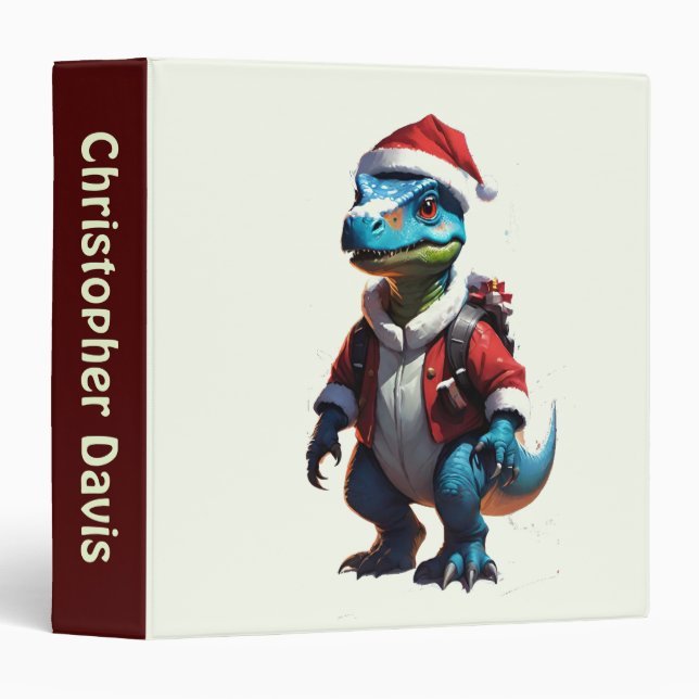 Classeur Dinosaure de Noël bleu (Devant/Côté)