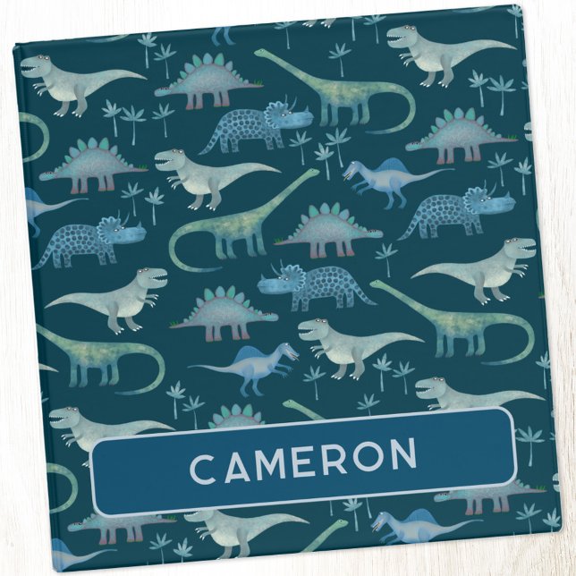 Classeur Dinosaure Motif Turquoise Vert personnalisé (Fun Dinosaur personalized name three ring binder with Tyrannosaurus, Diplodocus, Triceratops)