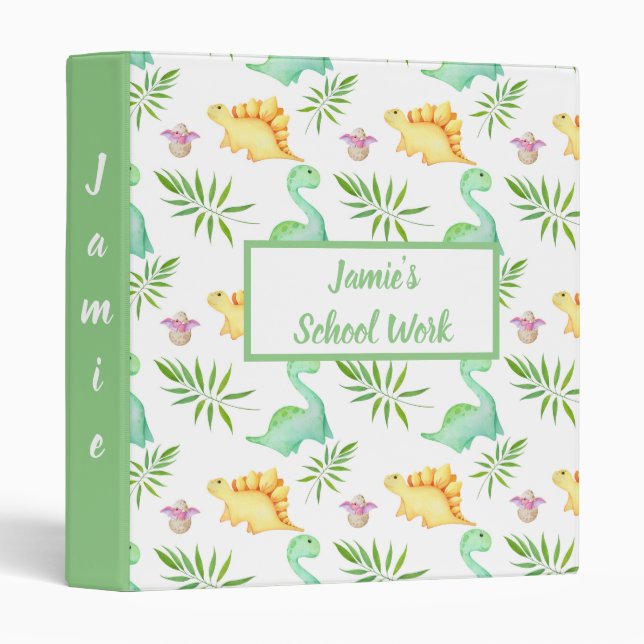 Classeur Dinosaures mignons. Vert & Jaune. (Devant/Côté)