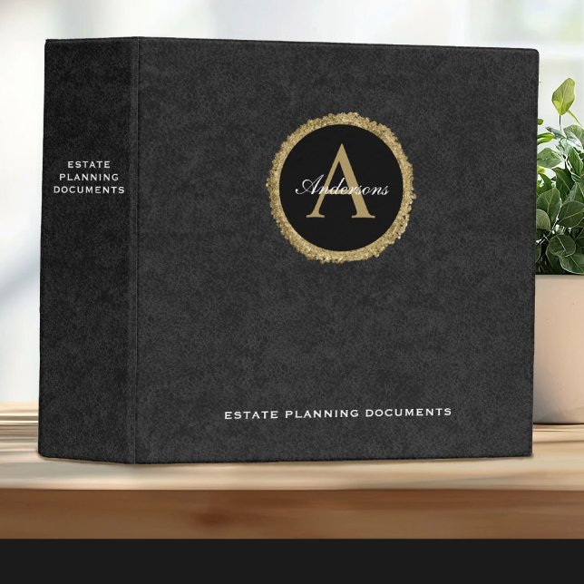Classeur Documents de planification immobilière Noire Monog (An elegant black and gold circle monogram decorates this estate planning binder )