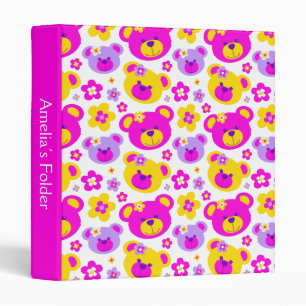 Classeur dossier de nom nounours fleurs rose jaune