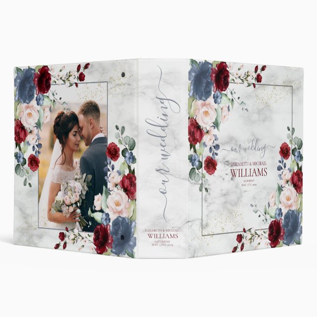 Classeur Dusty Blue Marble Gold Floral Mariage Album photo (Arrière-plan)