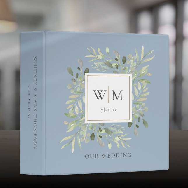 Classeur Dusty Blue Monogram Verdure Mariage Album photo (Dusty Blue Monogram Greenery Wedding Photo Album 3 Ring Binder)