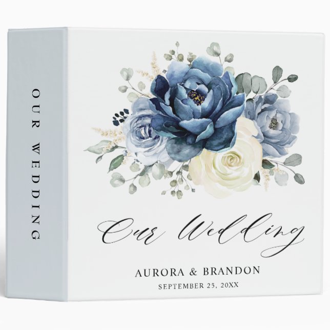 Classeur Dusty Blue Navy Champagne Ivory Floral Mariage (Devant/Côté)