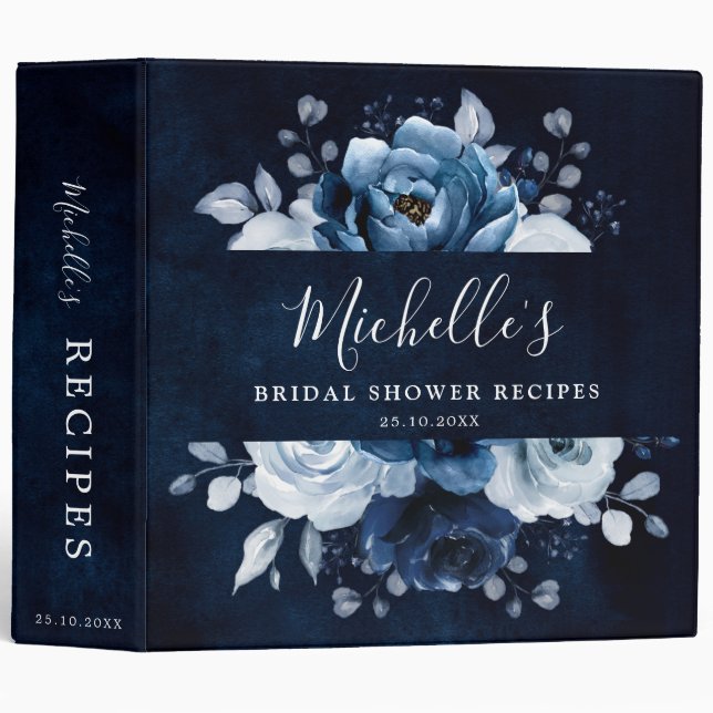 Classeur Dusty Blue Slate Navy Floral Botanical Recette 3 R (Devant/Côté)