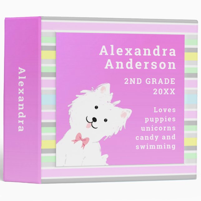 Classeur École blanche pelucheuse de chiot (Devant/Côté)