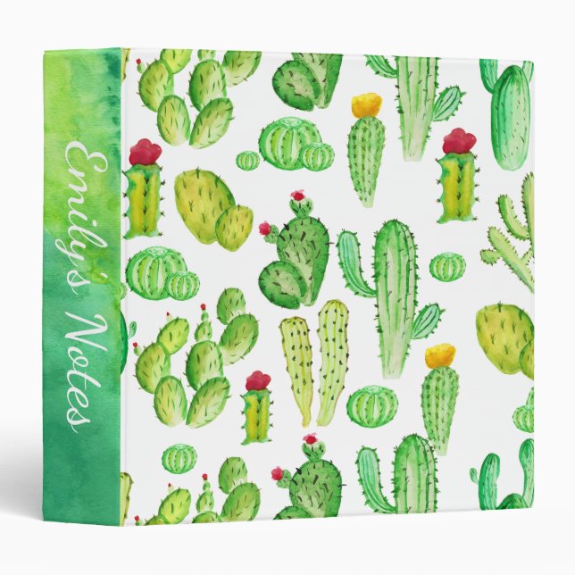 Classeur Ecole de Motifs Succulentes de Cactus aquarelle (Devant/Côté)