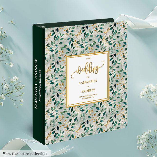 Classeur Élégant Album de mariage Feuille Deep Green Gold (Elegant Deep Green Gold Leaves Wedding Album 3 ring binder )