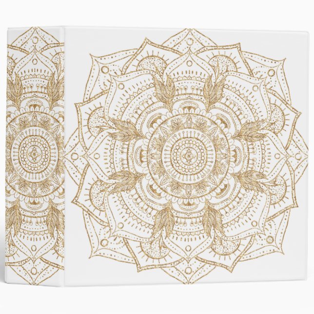 Classeur Elégant blanc & or Mandala conception main dessiné (Devant/Côté)