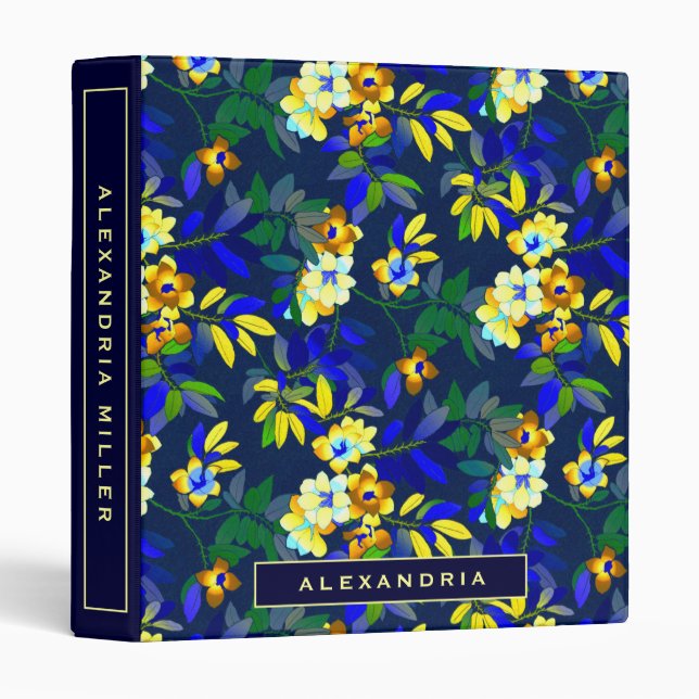 Classeur Élégant bleu et jaune floral | Personnalisé (Devant/Côté)