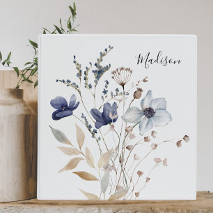 Classeur Élégant Bleu Marine Fleur Floral Monogrammé