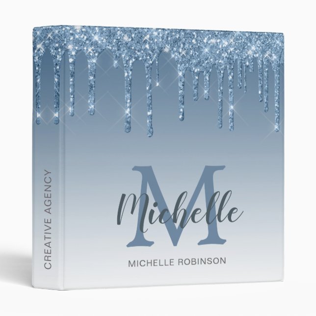 Classeur Elégant Bleu Parties scintillant Lecteurs Monogram (Devant/Côté)