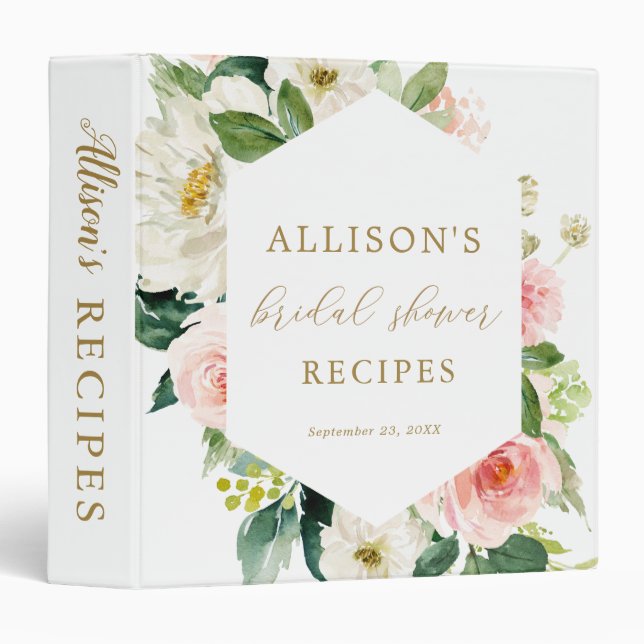 Classeur Élégant Blush Floral Fête des mariées Recette Clas (Devant/Côté)